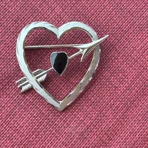 Sterling Silver Heart and Arrow Brooch with Black Accent